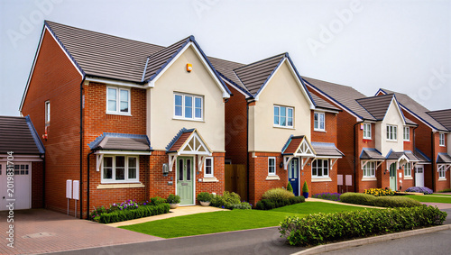 Fotografía Row of new brick houses with different colored doors real estate semi detached f