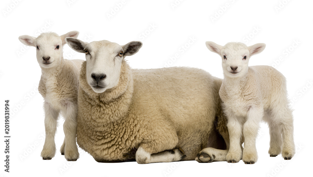 Fototapeta premium Fluffy sheep and two lambs family portrait, isolated on transparent background