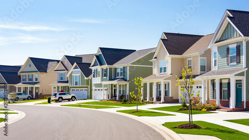 Cuadro en lienzo Quiet residential suburban neighborhood street with modern detached houses neigh