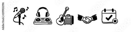 Bild auf Leinwand Set of hand-drawn music event and booking icons: microphone, DJ deck, guitar, handshake, and calendar