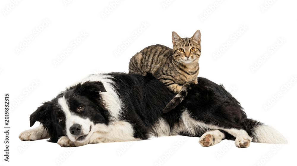 Fototapeta premium Border Collie Dog Lying Down with Tabby Cat on its Back.