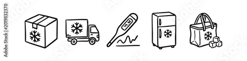 Tableau sur toile Cold chain logistics icons set in hand-drawn doodle style, featuring refrigerated truck, freezer, thermometer, insulated bag, and cold storage box for medical and food delivery