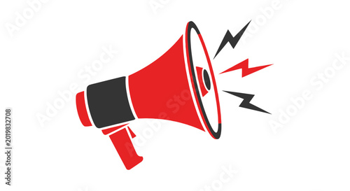 Foto Red megaphone announcing loudly with lightning symbols.