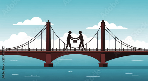 Foto Business partnership concept of two people exchanging a package on a bridge illustration