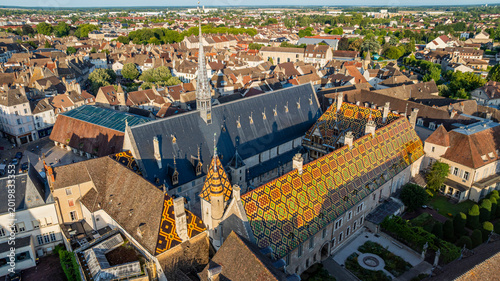 View of Hospices de Beaune in Burgundy, France, showcasing historic architecture and landscape from above at daytime