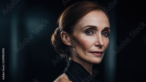 A mature Caucasian woman with long brown hair styled in a bun. She has a serious expression and is wearing a black outfit. The background is dark and blurred.