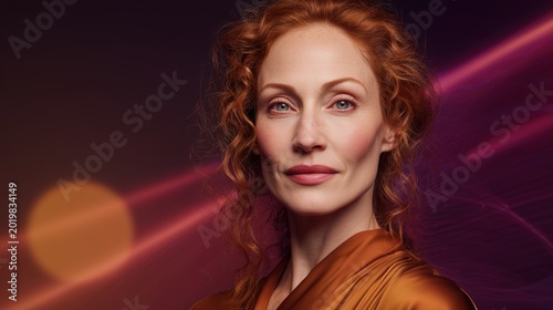 A middle-aged Caucasian woman with curly red hair poses confidently. She wears a brown satin dress against a colorful abstract background.