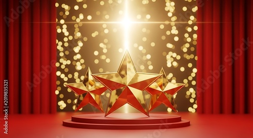 Three golden five pointed stars on red pedestal with bokeh lights backdrop