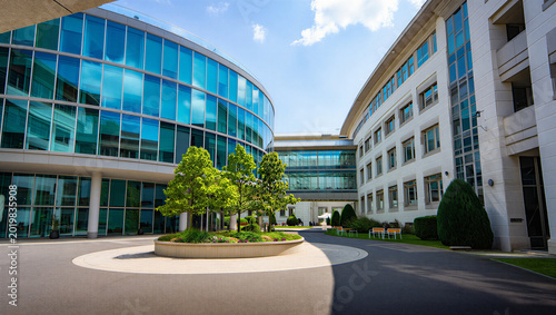 Konstfotografi Contemporary glass building courtyard with green trees and walkway under blue sk