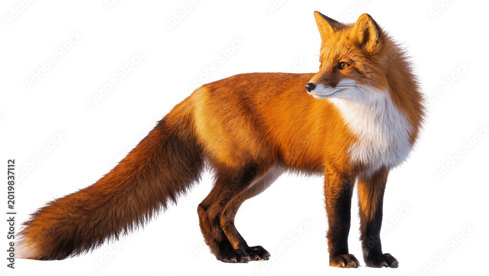 Naklejka premium Red fox with bushy tail and white chest, isolated on transparent background