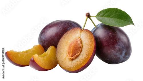 Photography Ripe purple plums with green leaf and slices, isolated on transparent background