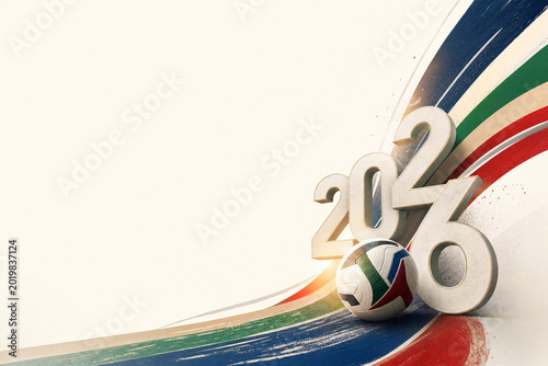 Large 3D numbers 2026 with a soccer ball and dynamic colorful ribbons on a white background for sports marketing and global football championship promotion.