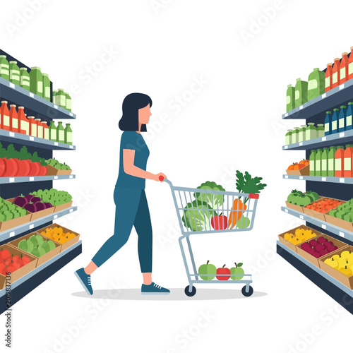 Woman grocery shopping at supermarket with fresh produce