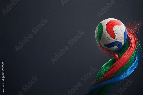 Artistic soccer ball with vibrant red green and blue dynamic paint trails and motion blur against a dark textured background for professional sports advertising and copy space.