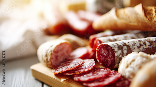 Assorted cured salami and sliced sausage on wooden board with rustic bread, gourmet delicatessen and appetizer concept with shallow depth of field.