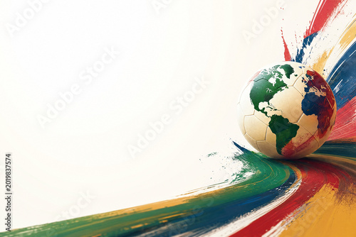 Dynamic artistic illustration of a soccer ball featuring a global world map pattern rolling along a vibrant colorful paint stroke trail on a white background for international sports