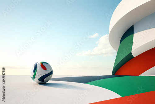 Modern soccer ball with green and red patterns resting on a platform outside a futuristic stadium structure under a bright blue sky, ideal for international sports event themes.
