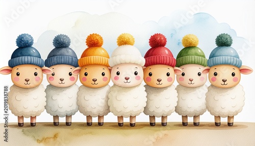 knitting banner of sheep wearing knitted hats cute illustration 