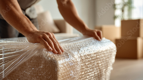 Person wrapping furniture with protective bubble wrap during house move, packing and relocation service concept.