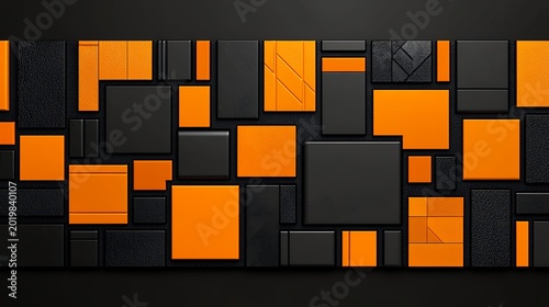 Abstract Geometric Composition with Black and Orange Squares