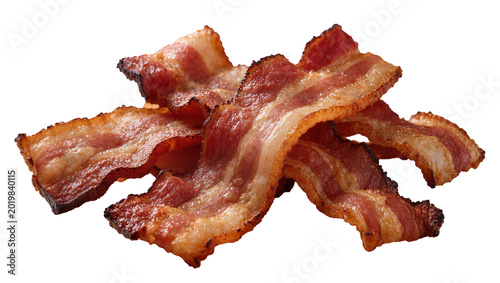 Konstfotografi Crispy cooked bacon strips a pile of savory meat, isolated on transparent backgr