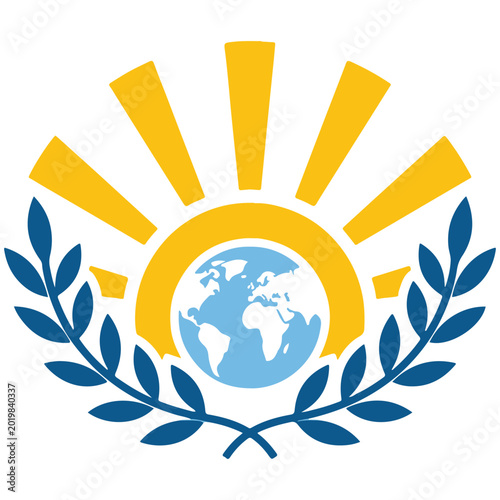 Foto Sunrise over globe with laurel wreath sun rays new beginning opportunity interna