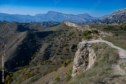 Terraced fields in Dagestan show the resilience of agriculture in mountain regions of Russia under clear blue sky