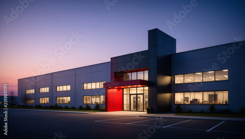 Obraz na płótnie Modern industrial office building with red entrance at twilight sunset real esta