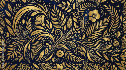 Billede på lærred Elegant gold floral pattern on a deep navy blue background, intricate botanical