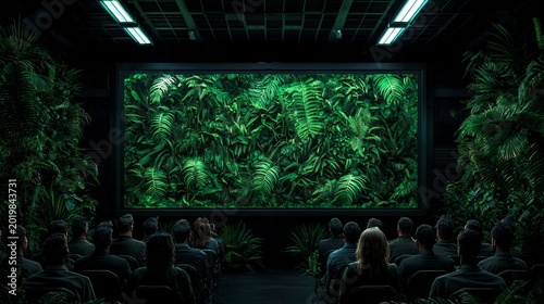 Audience Viewing Pixelated Green Forest Scene on Large Screen
