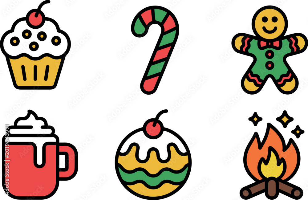 Fototapeta premium Set of Christmas holiday treats and winter cozy icons featuring gingerbread man candy cane cupcake cocoa and campfire in flat line style