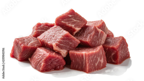 Quadro su tela Pile of raw beef stew cubes with visible marbling, isolated on transparent backg