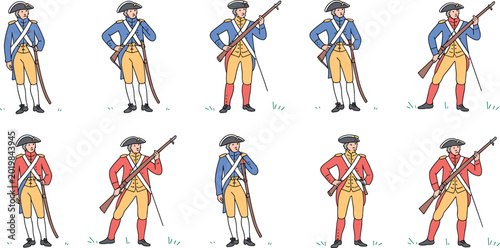 Schilderij op canvas Revolutionary war soldier vector set featuring colonial military characters in b