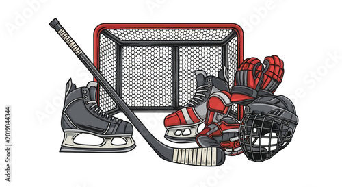 Photography A vibrant vector illustration of essential ice hockey equipment.