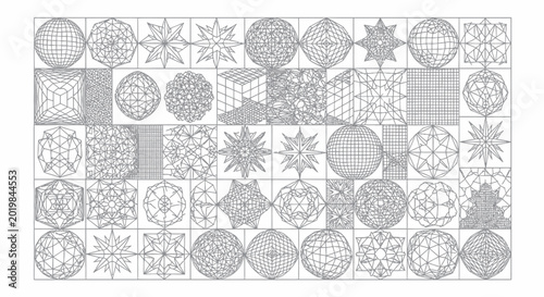 Collection of geometric wireframe shapes and abstract 3D design elements