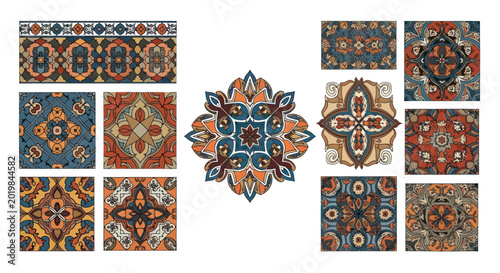 Set of decorative oriental floral tile patterns and mediterranean ceramic ornaments
