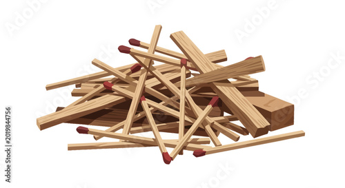 Pile of wooden matchsticks and scattered wood splinters illustration