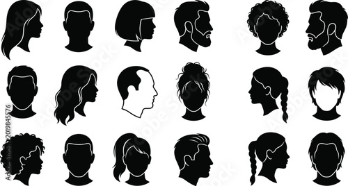 Human Head and Hair Silhouettes of Men and Women in Various Hairstyles and Profiles for Design and Commercial Use