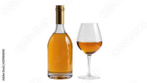Canvas Print Amber liquid in a clear glass bottle and wine glass, isolated on transparent bac