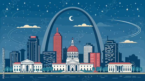 St louis city skyline with gateway arch at night vector illustration