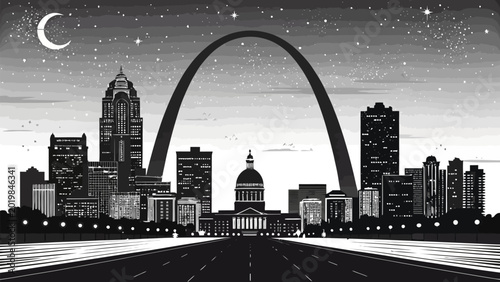 St louis cityscape skyline silhouette with gateway arch at night