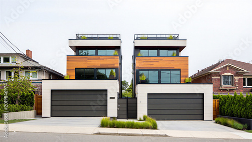 Foto Contemporary duplex townhomes with private garages and rooftop patios in a resid