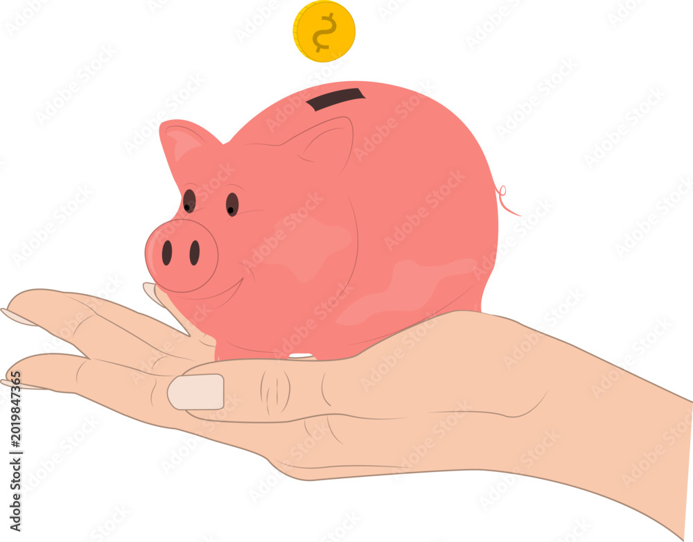 Fototapeta premium Hand holds a pink piggy bank with a coin. A symbol of savings and financial responsibility. Financial planning and smart investments.