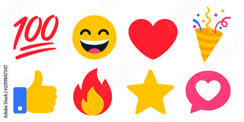 Social media reaction icon set with 100 sign, happy smiley, heart, party popper, thumbs up, fire, star and chat bubble illustration, colorful flat symbols for app, stream and message design