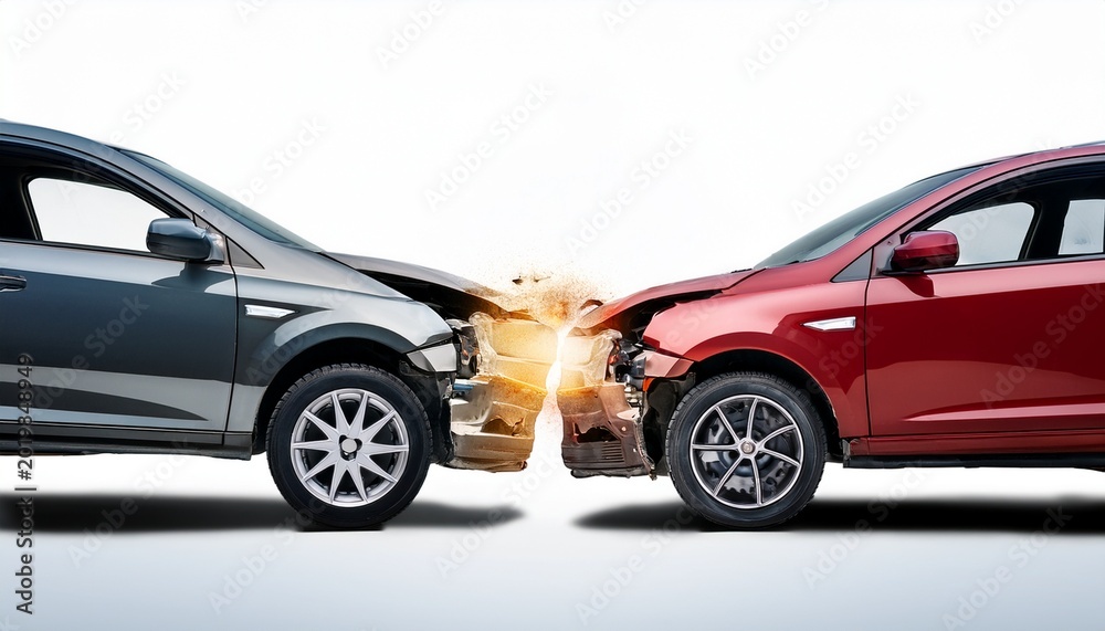 Fototapeta premium two cars accident violently facing each other on isolated white background