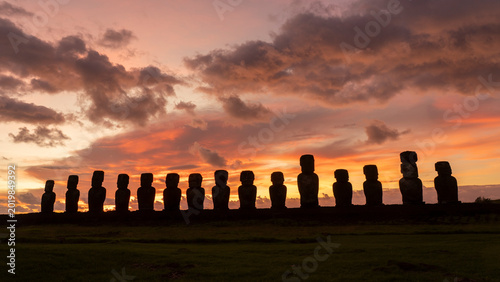 Sunrise at ahu tongariki with moai statues in easter island rapa nui chile