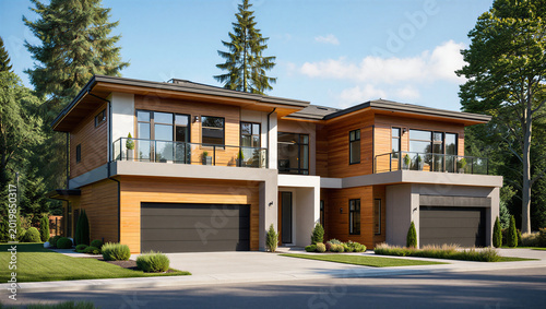 Tableau sur toile Contemporary duplex houses with wood siding white facade glass balconies green t