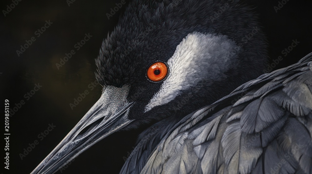 Obraz premium Close-up portrait of bird, feathered head, striking red eye. Possible use Nature photography