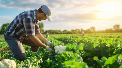 Farmer gathers fresh cauliflower in a green field under bright sunlight on a clear day