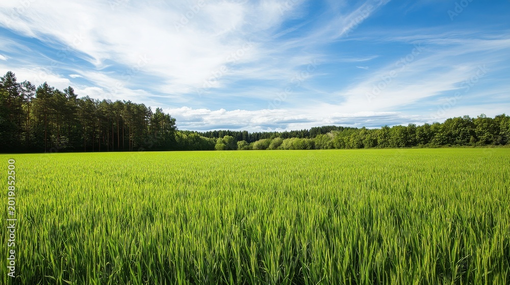 Obraz premium Field of grass-like crops with a view of a forest under a cloudy sky during daytime hours in a rural area